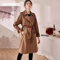 Luo Yi temperament solid color British windbreaker womens new intellectual lace-up waist commuter long coat 02611