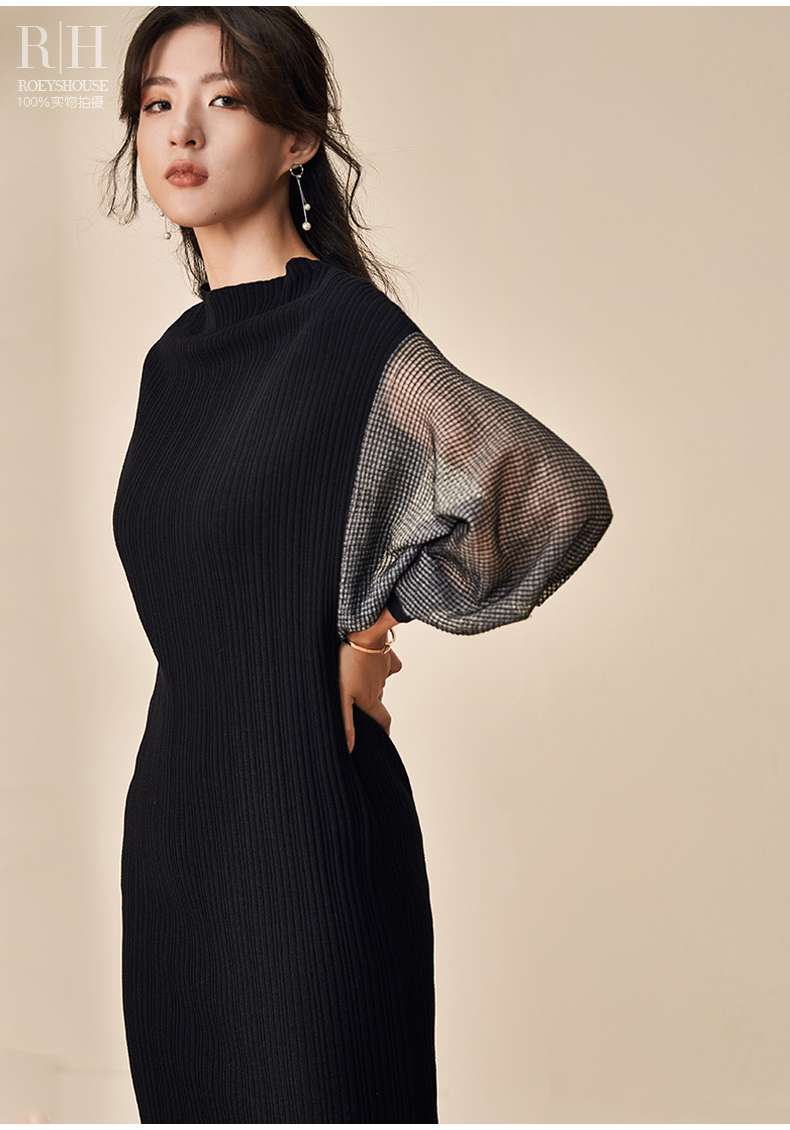 Luoyi áo len gốc váy 2018 mùa thu khí mới màu đen Mỏng ấm knit váy dài 5269 áo len cổ lọ nữ form rộng