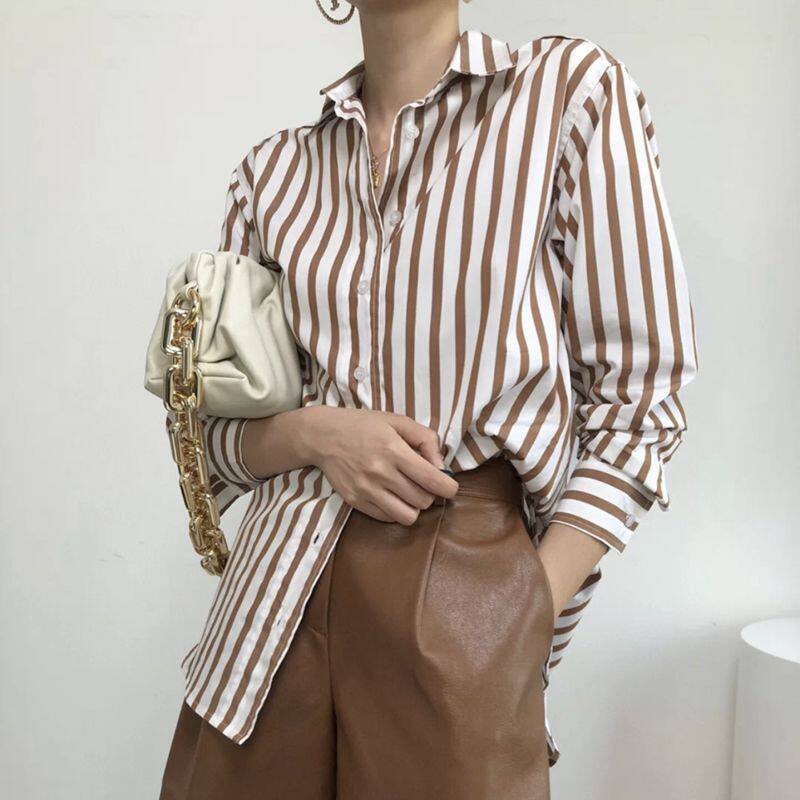 Southern French style European and American simple INS design sense niche temperament vintage loose and thin vertical striped shirt women