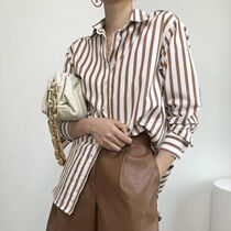 European and American briefs INS design Small crowd temperament vintage Port Wind white loose Thin Vertical Striped Shirt Woman