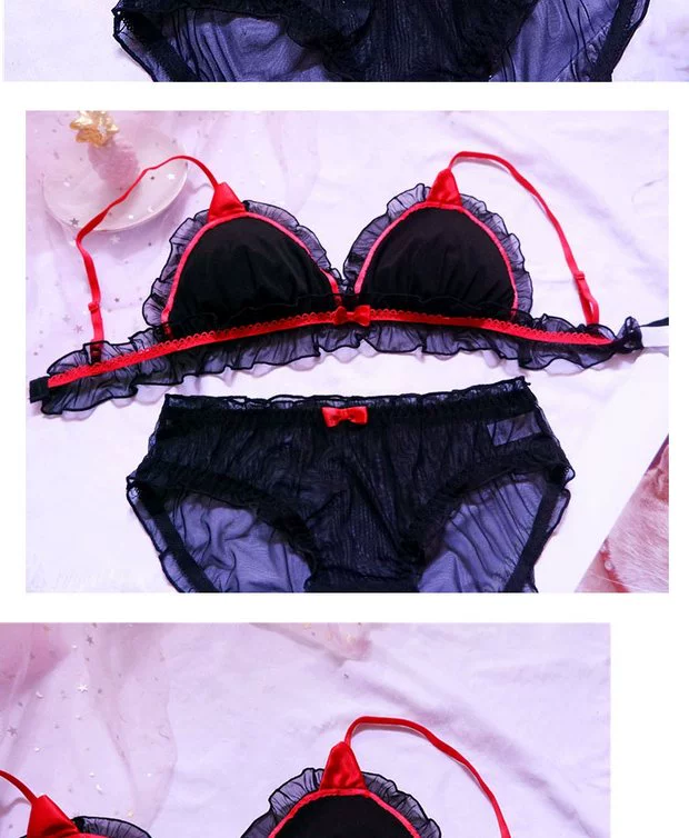 Mới đề xuất dễ thương Nhật Bản màu đen sexy lưới không có vòng thép sexy quỷ nhỏ ngủ áo lót bộ đồ lót - Push Up Bras