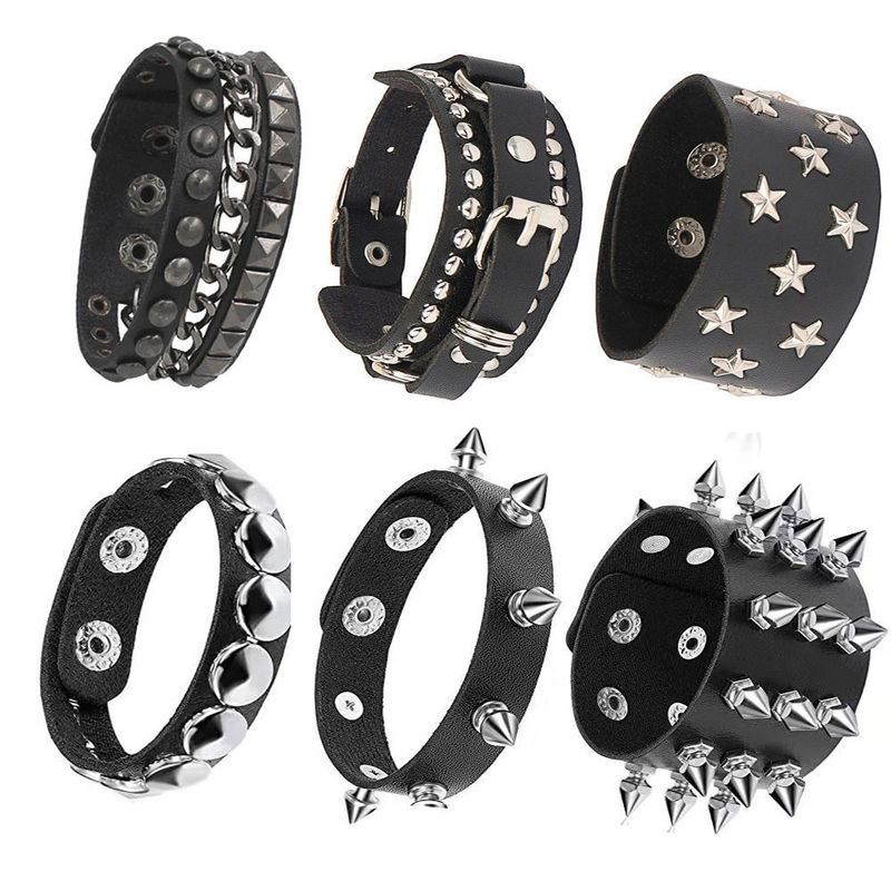 European and American Y2K Punk Skull Star Yabi Style Bracelet with Tapered Spikes, Three Rows of Leather Rivet Bracelet Accessories
