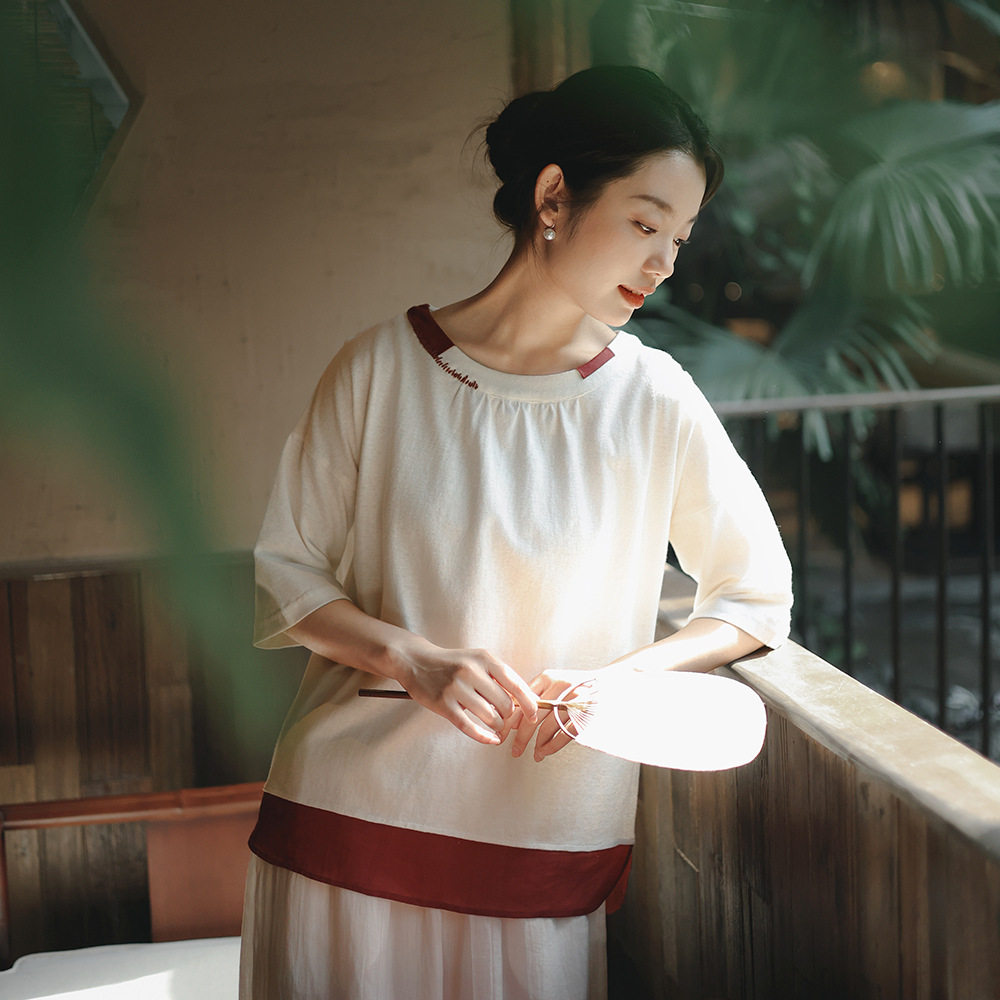 休闲常规款2025夏季新款棉麻T恤女复古风圆领拼接设计感宽松上衣