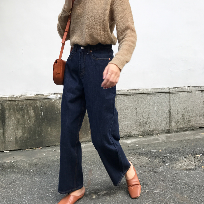 Oneday Phiên bản Hàn Quốc của mùa thu thời trang retro quần denim đơn giản giản dị quần cạp cao cạp cao đồ công sở nữ