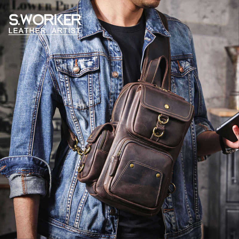 Vintage Crazy Horse Leather Men's Chest Bag First Layer Cowhide Single Shoulder Crossbody Bag Casual Backpack Large Capacity Versatile European and American Style