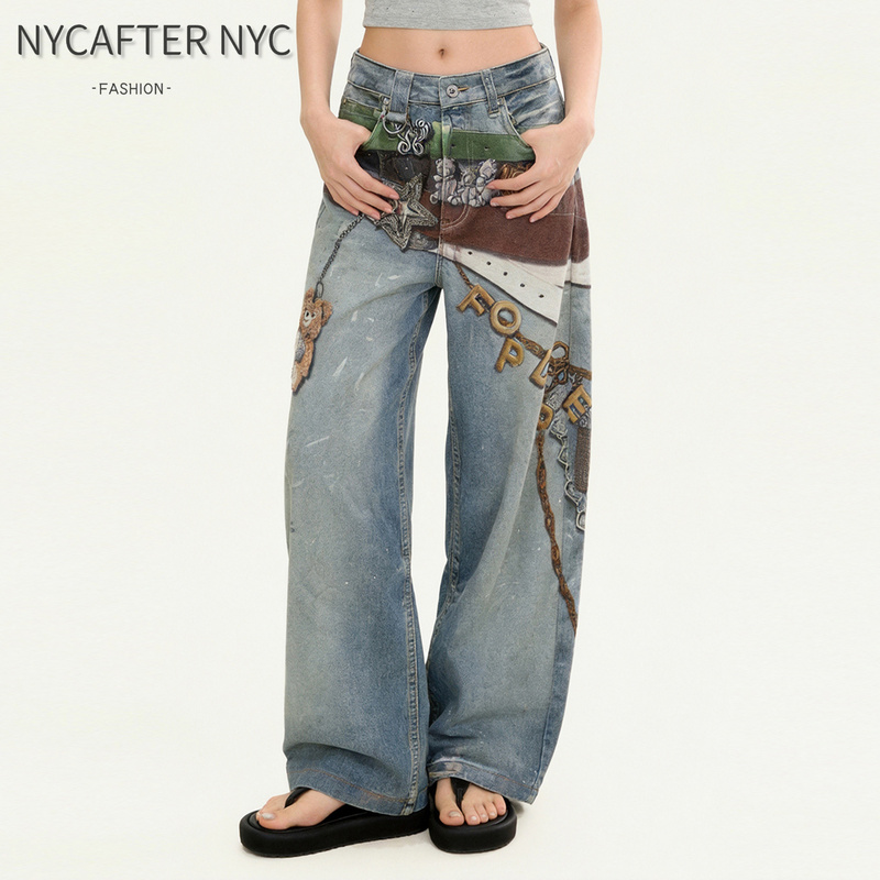 Nycafter Nyc New Summer Style Casual Style Graffiti Design Versatile Loose High-Waisted Straight-Leg Jeans for Women Nycafter Nyc New Summer Style Casual Style Graffiti Design Versatile Loose High-Waisted Straight-Leg Jeans for Women