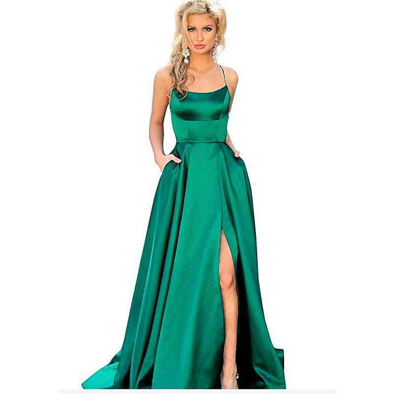 Long Evening Dress with Sexy Back Cutout, Sheer Satin Fabric, Trailing Hem, Front Slit, Elegant and Slimming for Women