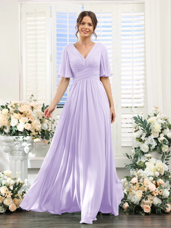 Bridal Dress Bridesmaid Dress V-Neck Long Sleeves Long Chiffon 2024 Style Slit A-Line Formal Cocktail Party Evening Dress