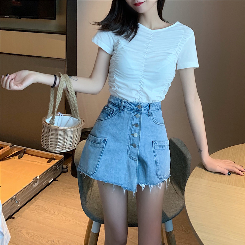 VK旗艦店 韓系高腰排口百搭牛仔短褲褲裙單品短褲