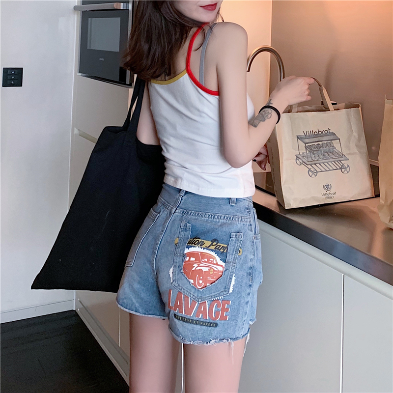 VK旗艦店 韓系高腰破洞口袋印花牛仔單品短褲