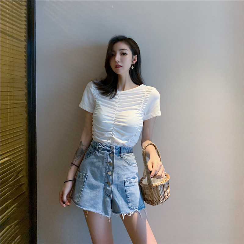 VK旗艦店 韓系高腰排口百搭牛仔短褲褲裙單品短褲