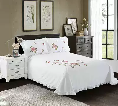 Foreign trade embroidered cotton sheets single piece ruffle embroidery White 100 cotton rounded lace quilt single plus 2 pillowcase