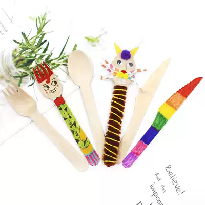 Children's wooden spoon wooden knife wooden fork creative handmade diy material kindergarten children's art painting graffiti