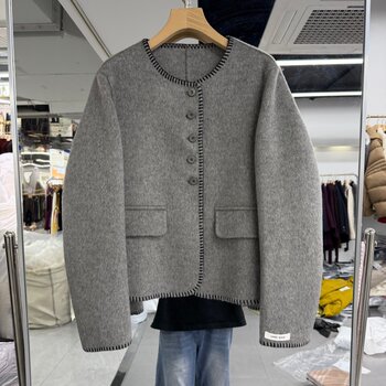 2025年秋冬新款流行女装小短款手工双面羊绒大衣外套明线包边洋气