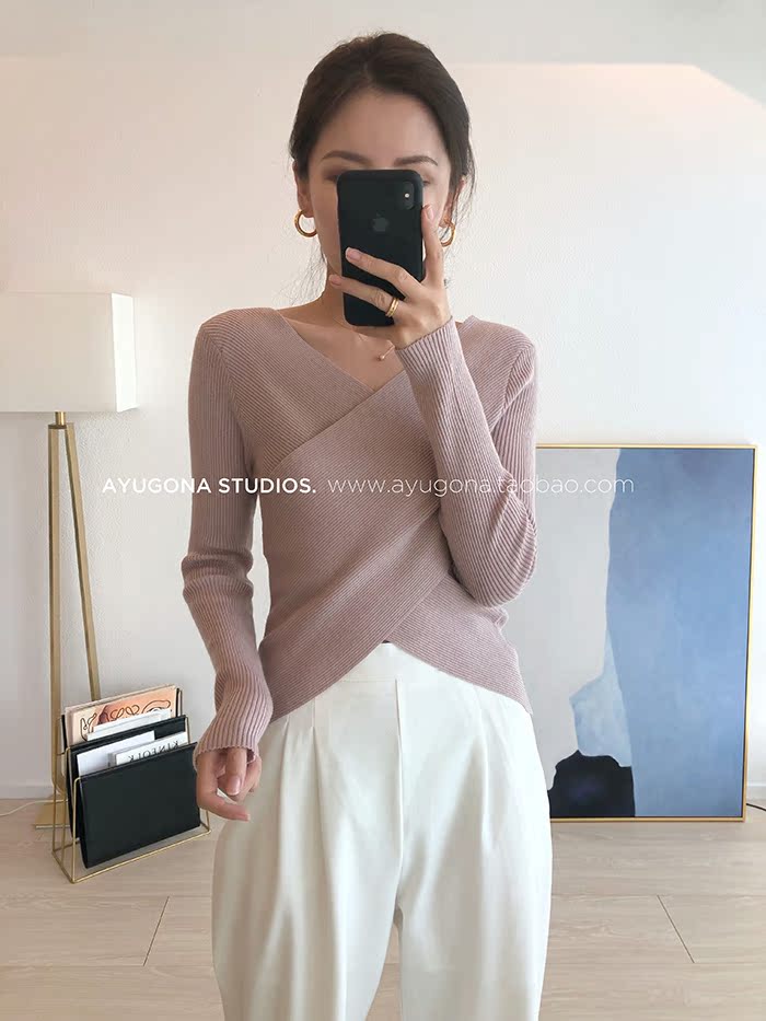 AyuGona2018 thu đông mới _ áo len cổ chữ V dài tay thon dài màu hồng len áo len khoác cardigan
