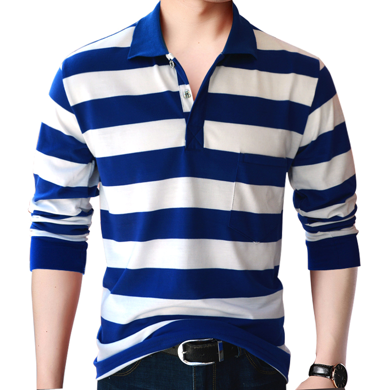 Mùa thu cotton dài tay áo polo nam trung niên sọc ve áo kinh doanh giản dị áo thun dài tay áo thun cotton nam