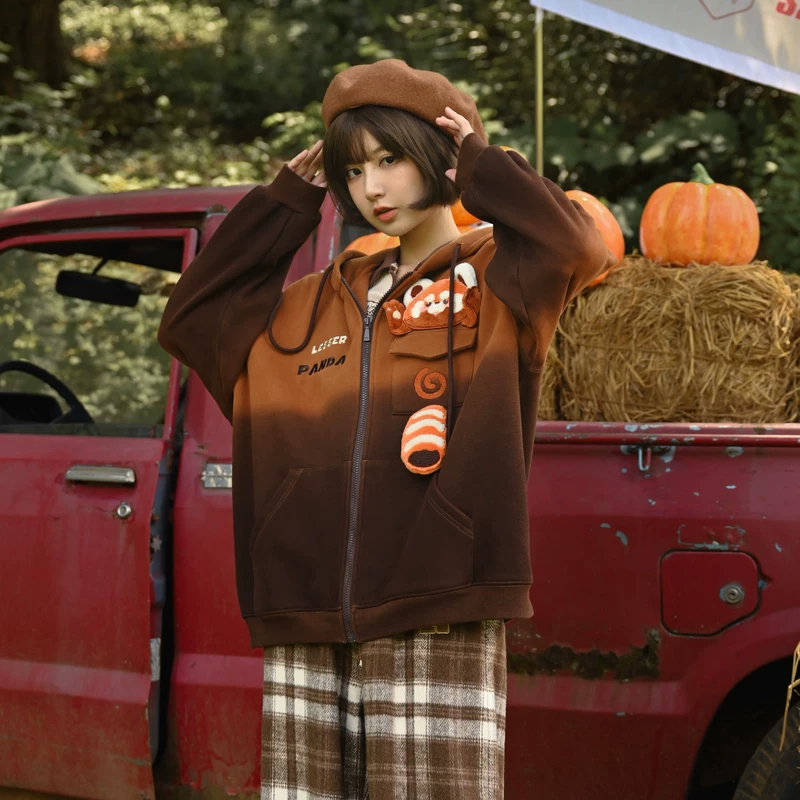 森女部落 Genuine brown demi-season sweatshirt, warm jacket, hoody, with little bears
