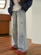 Mori tribe wax dog embroidered jeans ສໍາລັບແມ່ຍິງພາກຮຽນ spring ຮູບແບບໃຫມ່ລ້າງຫວານແບບວ່າງ slimming ແອວສູງຂາກ້ວາງ pants