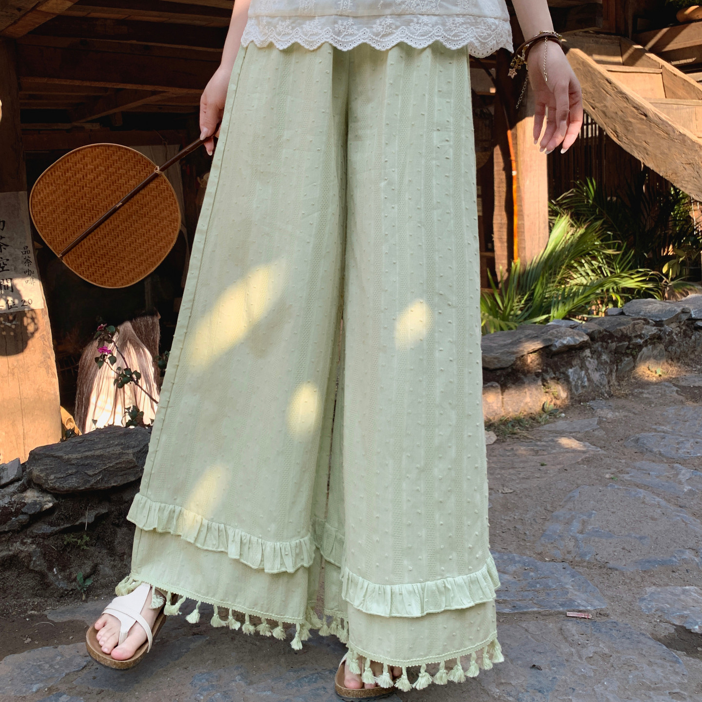 Mori Womens Tribe Mori loose cotton hanging wide leg pants for women new tassel design sweet and high waisted casual pants