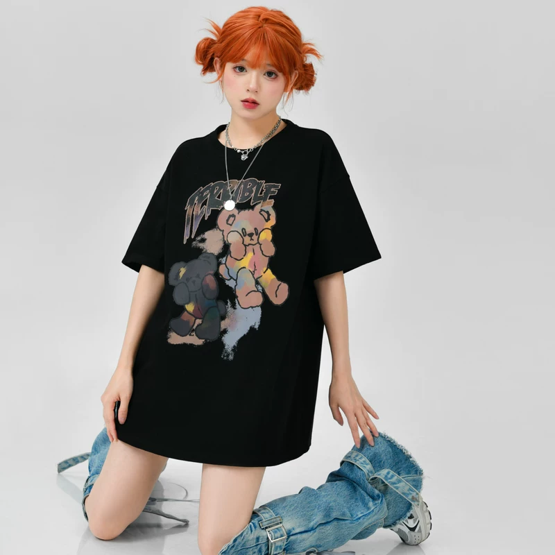 森女部落 Long summer black T-shirt, mid-length, with short sleeve