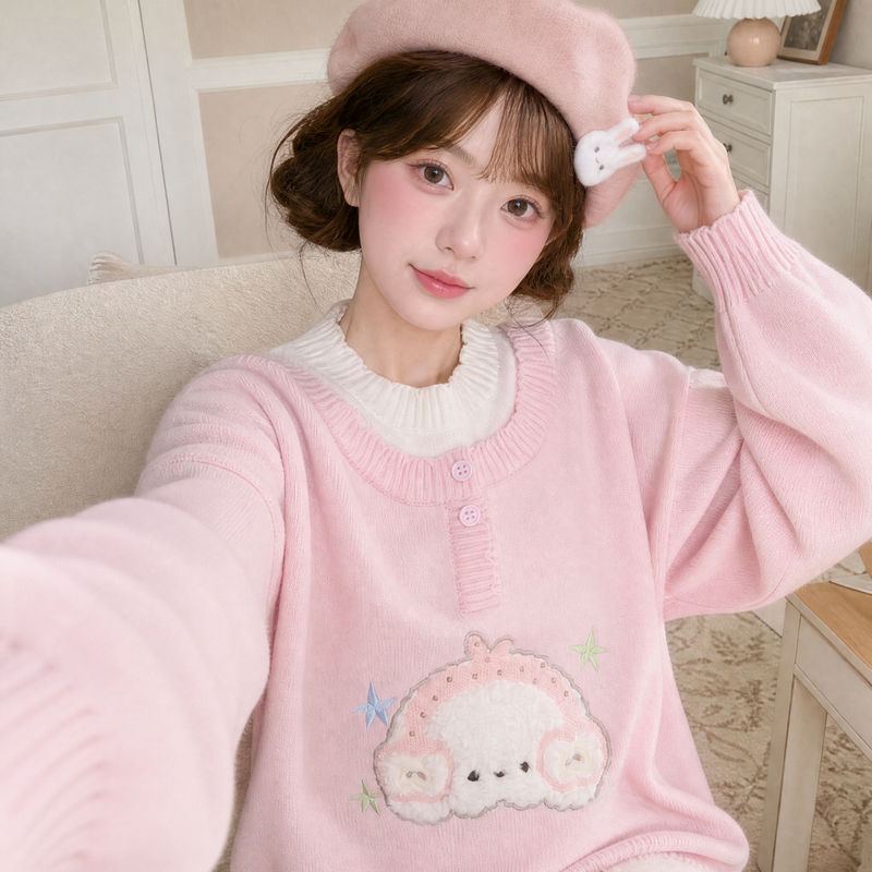 Cute Pink Knitted Sweater for Women from Mori Girl Tribe, 2026 Autumn Girly Style Soft and Adorable Sweater, New Winter Top Cute Pink Knitted Sweater for Women from Mori Girl Tribe, 2026 Autumn Girly Style Soft and Adorable Sweater, New Winter Top