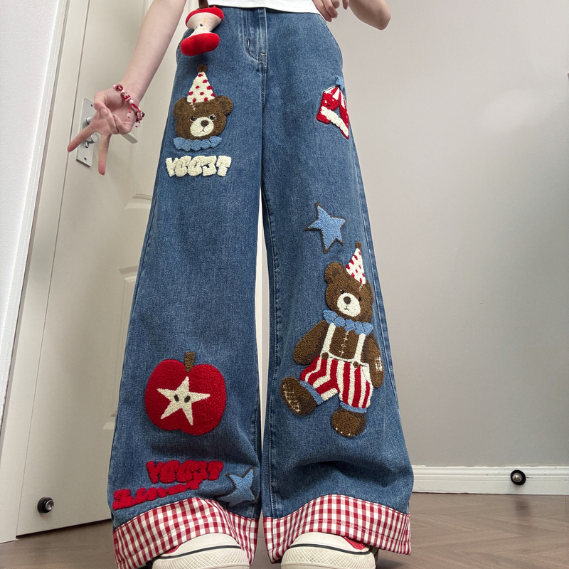 Mori Girl Tribe Sweet Bear Embroidery Design High-Waisted Jeans for Women New Plaid Patchwork Drapey Wide-Leg Pants Mori Girl Tribe Sweet Bear Embroidery Design High-Waisted Jeans for Women New Plaid Patchwork Drapey Wide-Leg Pants