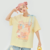 Bear Tea Party Hand-drawn Flower Butterfly Jean Lovely Soft Sister T-shirt Short Sleeve Clothes Summer Creative Womens Tribe