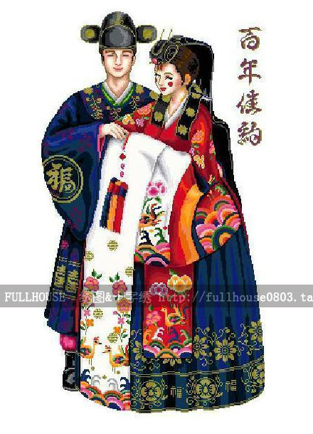 (Cross-stitch drawings redrawn) cartoon 100-year-old Korean wedding bride and groom
