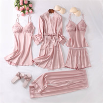 Spring summer and autumn new sexy suspenders pajamas womens thin satin lace nightdress bathrobe pajamas five-piece set multicolor