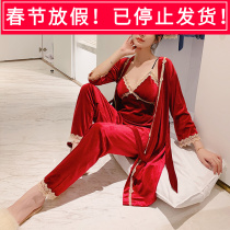 Spring and autumn new sexy and comfortable gold velvet home clothes womens v-neck suspenders lace pajamas pajamas pajamas nightgown set