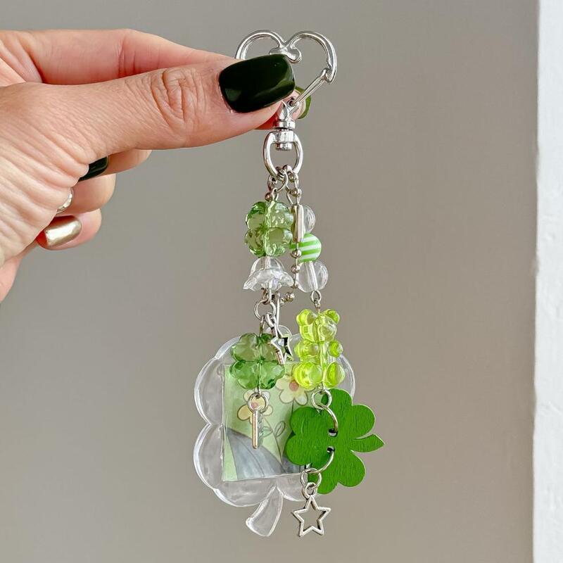 Unique Four-Leaf Clover Pendant Photo Frame Keychain Beaded Bag Charm Phone Chain Notebook Decoration