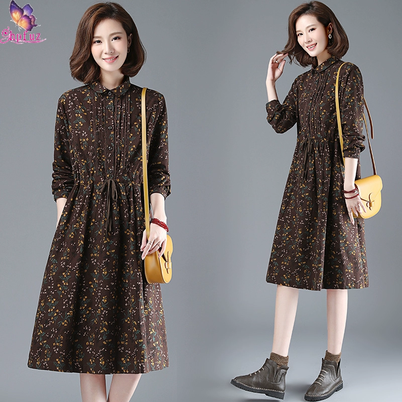 Mùa xuân và mùa thu phong cách mới váy bông hoa của phụ nữ ve áo dài giữa phần eo eo mỏng, cộng với kích thước váy midi dài trên đầu gối của phụ nữ - Váy dài
