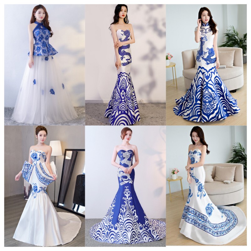Retro Popular Stand-Up Collar Mid-High Waist Slimming Solo Performance Dress for Women, High-Neck Royal Blue Base with Blue and White Porcelain Trailing Hem