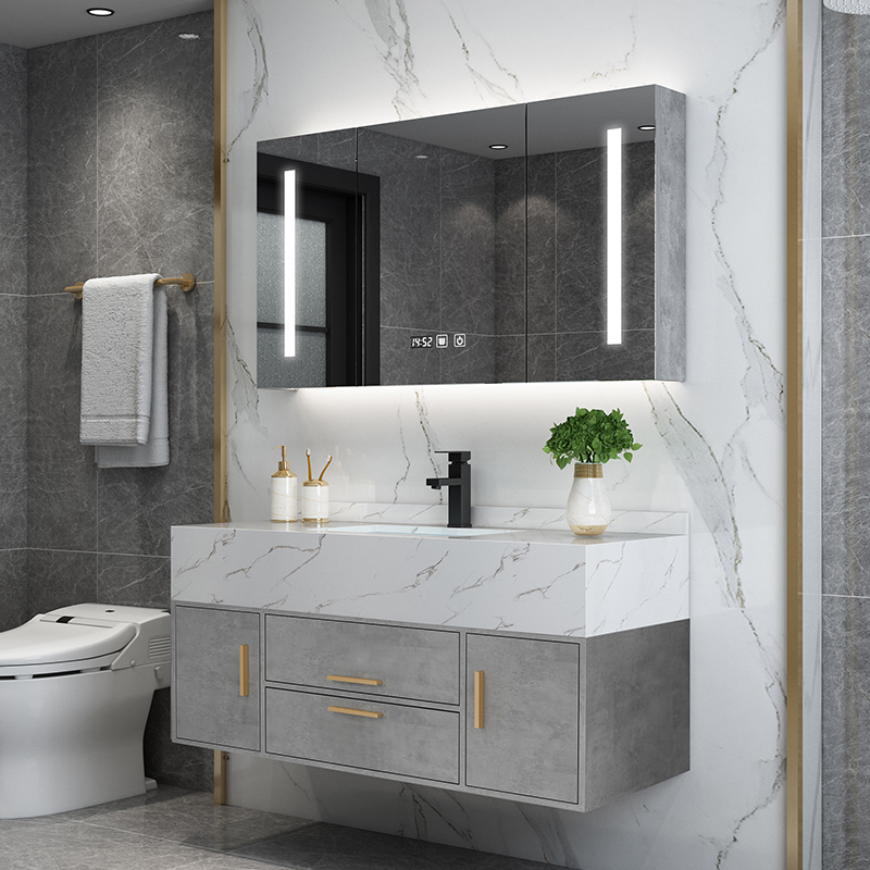Bathroom marble bathroom cabinet combination set sink wash face smart bathroom rock slab wash basin mirror cabinet