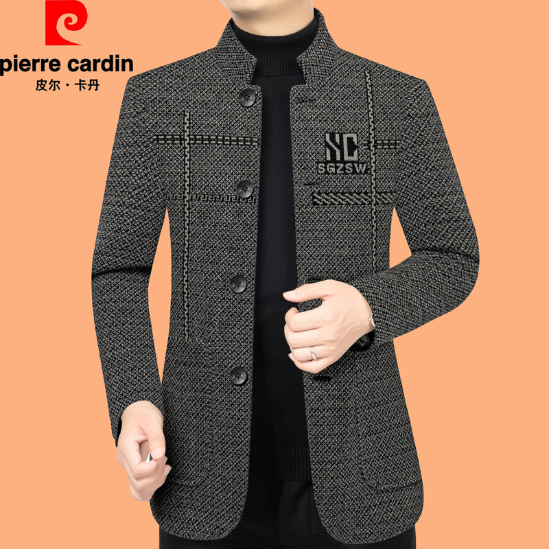 Pierre Cardin's New Autumn and Winter Men's Stand-Up Collar Jacket for Middle-Aged Men, Chenille Woolen Coat with Fleece Lining Pierre Cardin's New Autumn and Winter Men's Stand-Up Collar Jacket for Middle-Aged Men, Chenille Woolen Coat with Fleece Lining