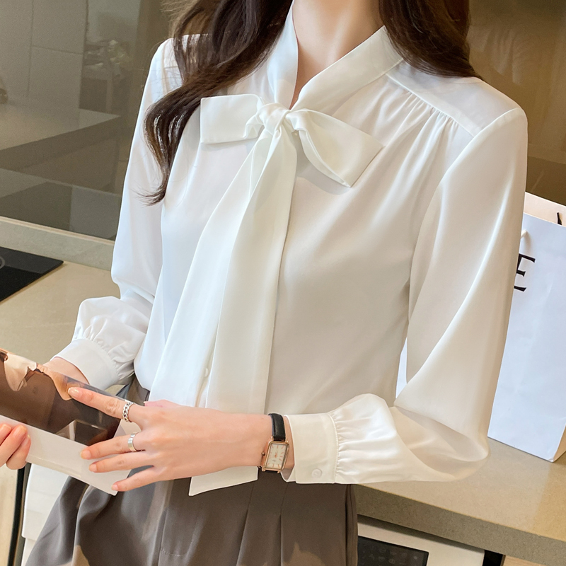 White Shirt Women's Business Attire Spring and Autumn French Style Lace-Up Lantern Sleeve Commuting Women's Top Long-Sleeved White Shirt for Women