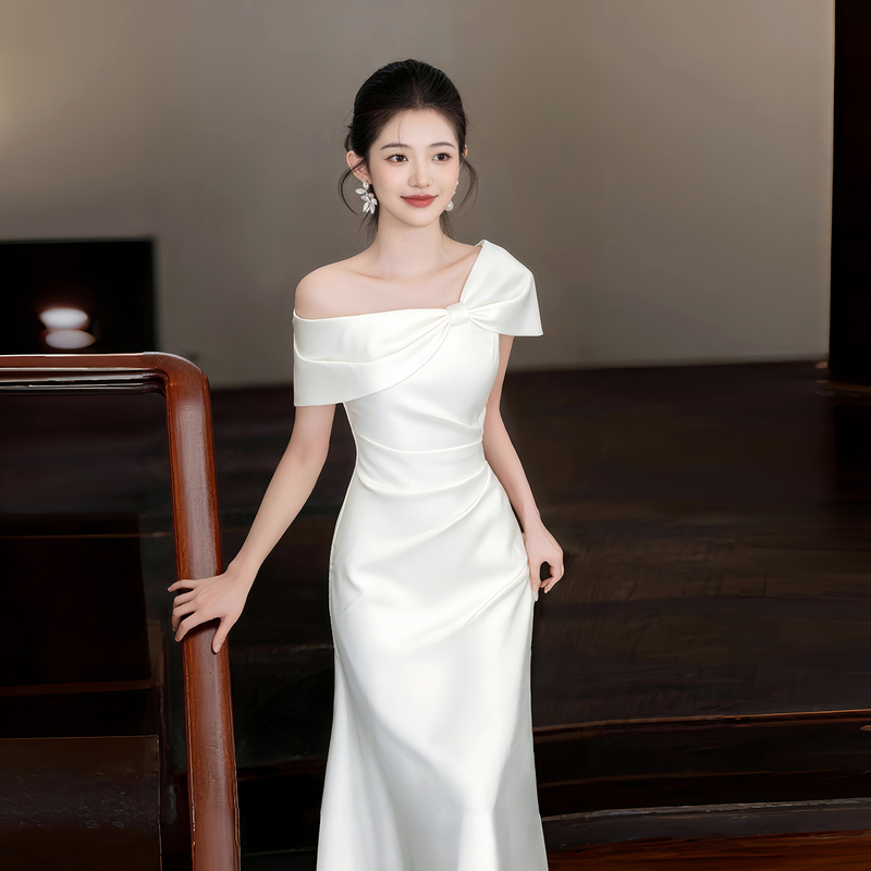 White Moonlight Satin White Dress, High-End One-Shoulder Engagement Dress, Coming-Of-Age Ceremony, Daily Wear, White Dress for Marriage Registration White Moonlight Satin White Dress, High-End One-Shoulder Engagement Dress, Coming-Of-Age Ceremony, Daily Wear, White Dress for Marriage Registration