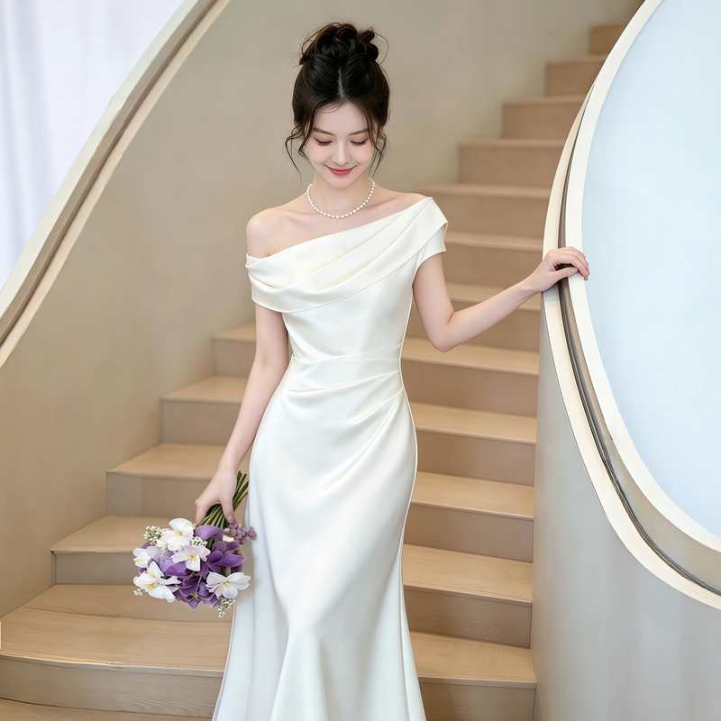 White Satin Engagement Dress, French-Style Off-Shoulder Robe, Elegant White Dress for Marriage Registration, Light Luxury Evening Gown Dress for Women