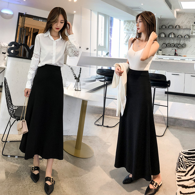 Autumn new Korean version chic retro black mid-length skirt is thin and high waist A-line big swing temperament skirt female
