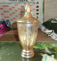 Old object red double seat high foot glass jar Gilded glass cans Nostalgic exhibition window setting