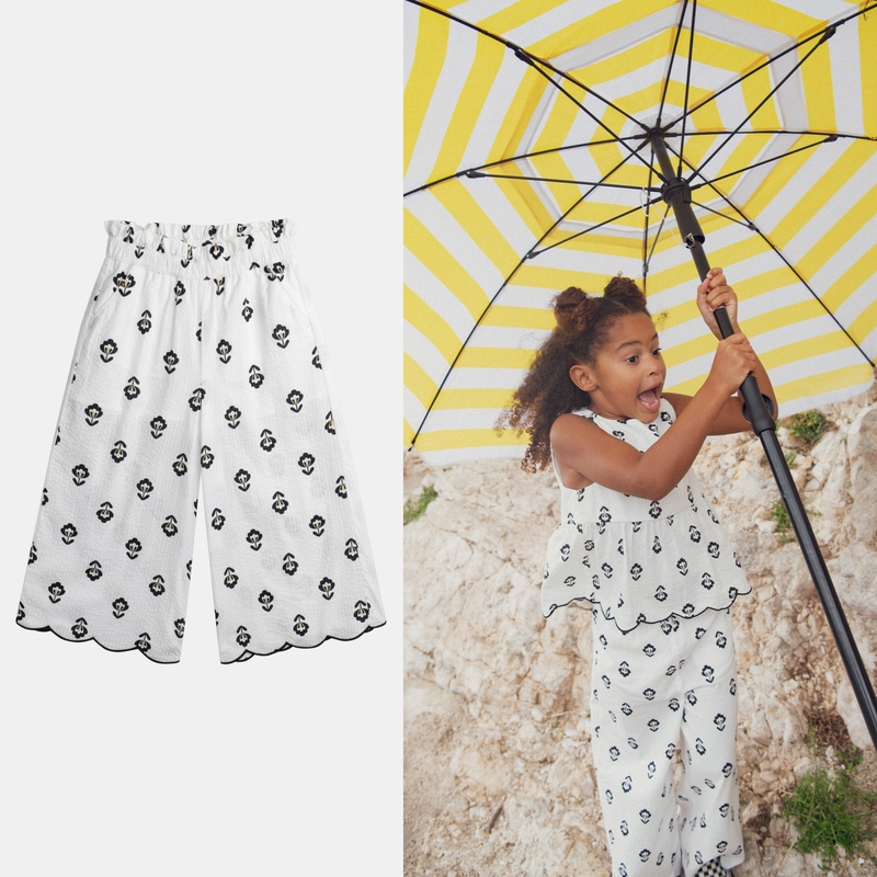 French Style Dp Girls' Pants for Ages 5-12, Summer Style, Pure Cotton, Printed and Embroidered, with Wavy Edges, Wide-Leg Pants