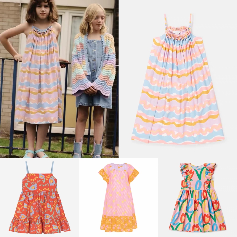 Yingdan Guipai Smc Girls' Spring and Summer Letter Print Star Heart Wave Beaded Flutter Sleeve Dress Suspender Dress