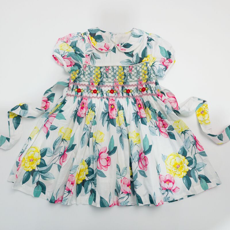 Export Girls' Handmade Smocking Pure Cotton Floral Lapel Short-Sleeved Dress