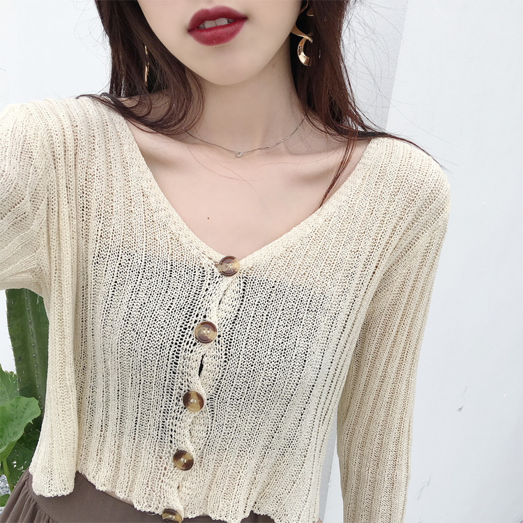 Áo chống nắng đan áo khoác len nữ mùa hè mỏng phần ngắn lỏng tay dài băng lụa rỗng khăn choàng bên ngoài áo điều hòa áo len cổ cao cho nữ