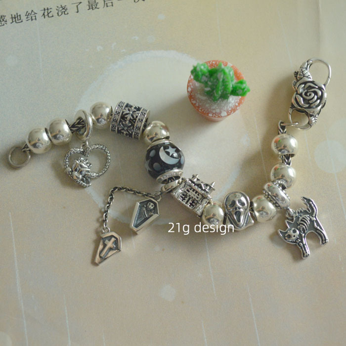 925 Silver Bracelet Necklace DIY Accessories Halloween Face Castle Zodiac Snake Rose Cat Bone Coffin