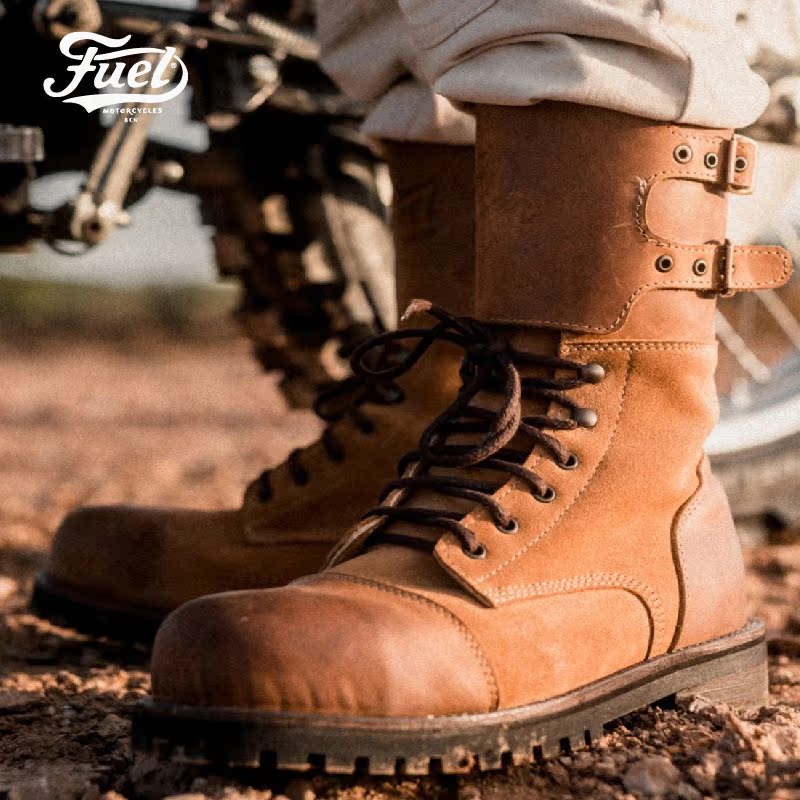 (FUEL) Spain imported retro tide brand cowhide retro turn fur high tube anti-fall riding paratrooper boots