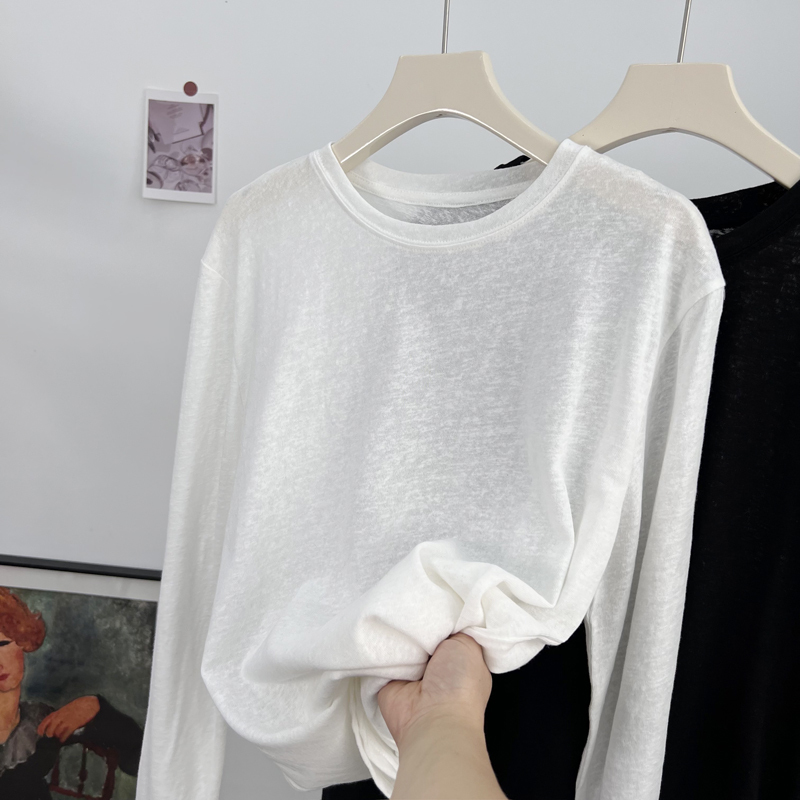 Bamboo Cotton White Long-Sleeve T-Shirt for Women, Thin Style for Spring and Autumn, Simple Solid Color, Loose Round Neck Top, Versatile Base Shirt