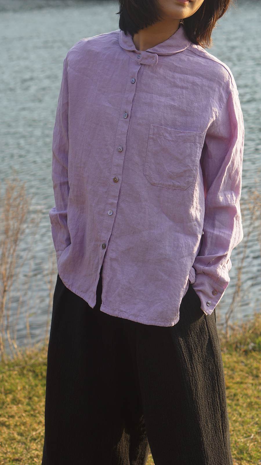 Shawl Collar Sheer Linen Washed Shirt - เสื้อเชิ้ตผู้หญิง - ผ้าฝ้าย/ผ้าลินิน สีม่วง