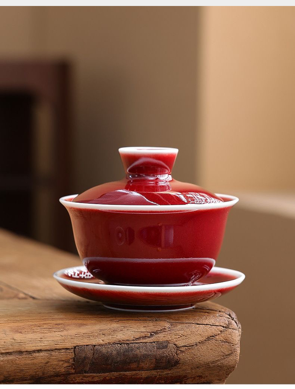 Lang Red Glaze Three-Piece Lidded Bowl Tea Cup Wedding Tea Bowl Set High-End Household Wedding Ceramic Tea Set
