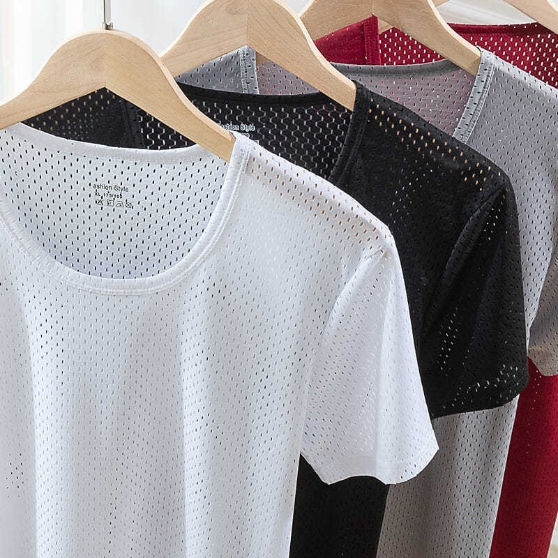 Ice Silk Short-Sleeved T-Shirt for Men, Summer Trendy Loose Large Size Quick-Drying Clothing, Round Neck Half-Sleeve Mesh Sports T-Shirt